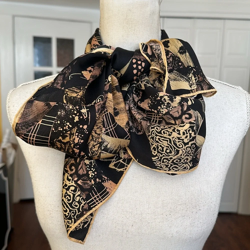 Vintage Echo Signature Black Gold 100% Silk Oblong Scarf Made in Japan